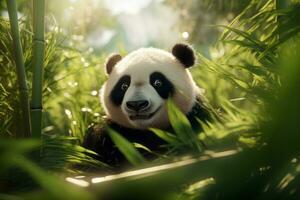 AI generated the panda grabs branches from the bamboo shoots photo