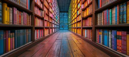 AI generated library with many colorful books in front of bookshelves photo