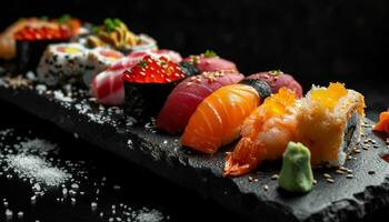 AI generated sushi spread on stone on black background photo