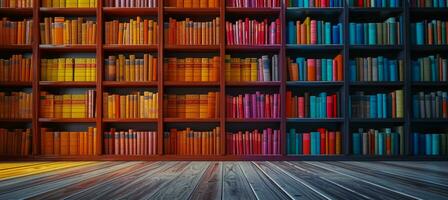 AI generated library with many colorful books in front of bookshelves photo