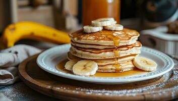 AI generated pancakes and bananas on plate photo