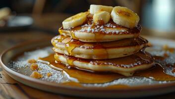 AI generated pancakes and bananas on plate photo