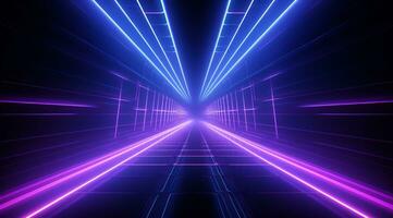 AI generated neon tunnel in the dark with blue and pink neon lights photo