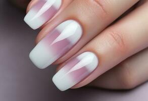 AI generated pink and white nail polish on a female hand photo