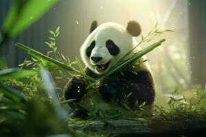 AI generated panda bear eating bamboo plants photo