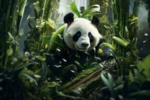 AI generated panda bear eating bamboo plants photo