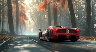 AI generated red sport car on the road with the trees around photo