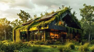 AI generated a home with green roofs and solar panels is shown photo