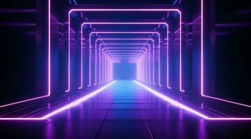 AI generated neon tunnel in the dark with blue and pink neon lights photo