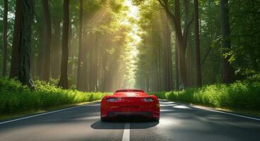 ai generado rojo deporte coche en el la carretera con el arboles alrededor foto