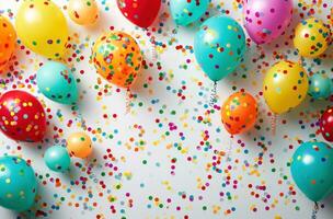 AI generated colorful balloons and confetti on a white background photo