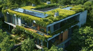 AI generated a home with green roofs and solar panels is shown photo