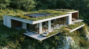 AI generated a home with green roofs and solar panels is shown photo