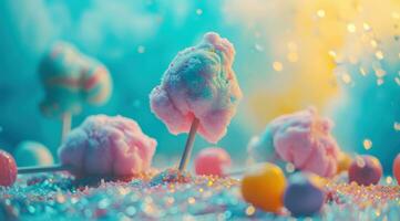 AI generated a closeup of multi color cotton candy with a colorful background on different candies photo