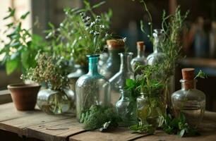 ai generado un colección de hierbas en botellas en el mesa foto