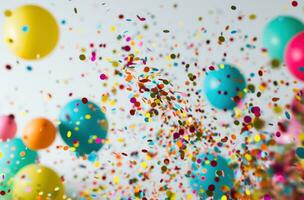 AI generated colorful balloons and confetti on a white background photo