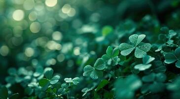 AI generated shamrock leaves on green background with bokeh photo