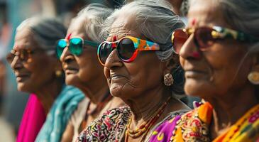 ai generado varios más viejo mujer vistiendo vistoso Gafas de sol y Gafas de sol foto
