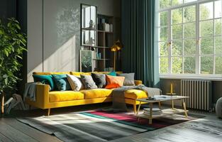 AI generated a gray living room with a yellow couch and colorful pillows photo