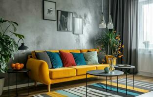 AI generated a gray living room with a yellow couch and colorful pillows photo