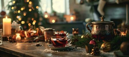 ai generado Navidad en cocina con reflexionado vino foto