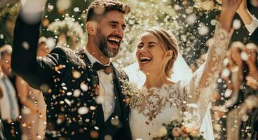 ai generado un casado Pareja sonriente mientras participación papel picado en el aire foto