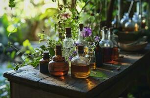 ai generado un grupo de aceites en botellas en un antiguo de madera mesa foto