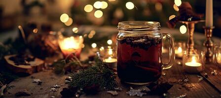 AI generated a jar with spiced tea near some candle and decorations photo