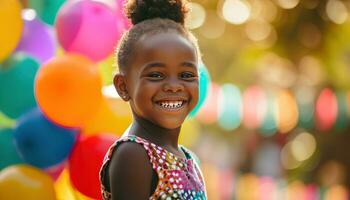 ai generado un pequeño niña demostración apagado su colores mientras sonriente con globos detrás su foto