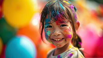 AI generated a little girl showing off her colors while smiling with balloons behind her photo