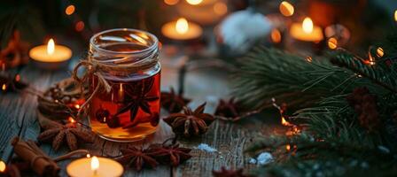 AI generated a jar with spiced tea near some candle and decorations photo