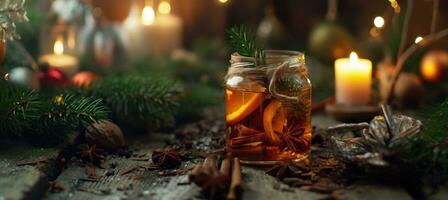 AI generated a jar with spiced tea near some candle and decorations photo