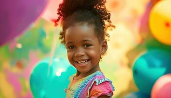 ai generado un pequeño niña demostración apagado su colores mientras sonriente con globos detrás su foto