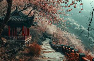 AI generated a path leading down to a pagoda and blossoming cherry trees photo