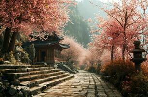 ai generado un camino líder abajo a un pagoda y cierne Cereza arboles foto
