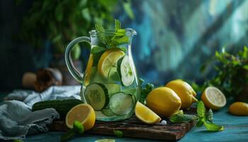 AI generated a pitcher of water with lemons, mint and cucumber photo