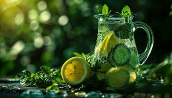 AI generated a pitcher of water with lemons, mint and cucumber photo