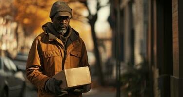 AI generated a man holding a delivery package in street photo