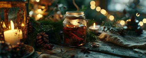 AI generated a jar with spiced tea near some candle and decorations photo