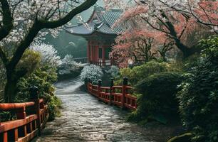 ai generado un camino líder abajo a un pagoda y cierne Cereza arboles foto