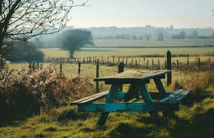 AI generated a picnic table sitting outside overlooking a farmland photo