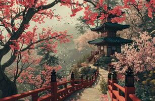 AI generated a path leading down to a pagoda and blossoming cherry trees photo