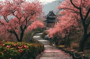 AI generated a path leading down to a pagoda and blossoming cherry trees photo