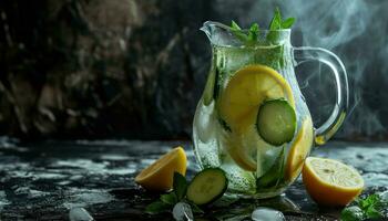 AI generated a pitcher of water with lemons, mint and cucumber photo