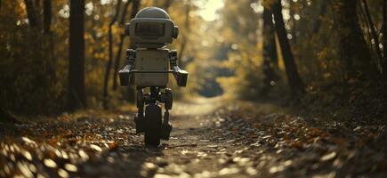 AI generated a robot driving a bicycle through the wooded area photo