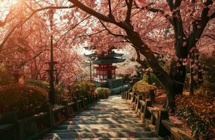 AI generated a path leading down to a pagoda and blossoming cherry trees photo