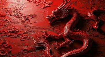 AI generated a red dragon art print is on the background of a red patterned red background photo