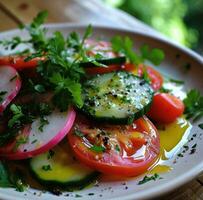 AI generated a simple salad, with olive oil, tomatoes and cucumbers photo