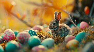 AI generated a small bunny surrounded by colorful eggs photo