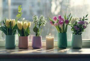 AI generated a window sill with vases of tulips and hyacinths photo